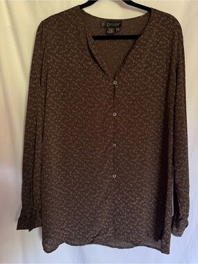 VTG Episode 100% Silk Blouse Brown Geometric Micro Dot Print Long Sleeve Size 12